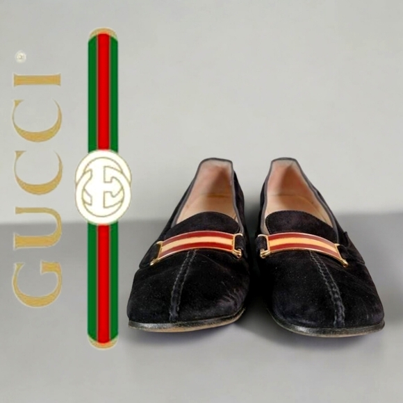 Vintage Gucci Black Suede Heeled Loafers with Gold& Red accents w/COA IT36 US6 - Picture 1 of 9